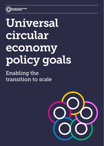 Front page of the report with 5 interconnected circles and the text 'universal circular economy goals Enabling the  transition to scale'