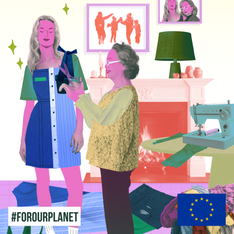 Multicoloured image of two ladies standing in a living room with the older lady upcycling clothes for the younger lady