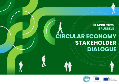 10 April 2025 – Brussels - Circular Economy Stakeholder Dialogue, with a blue and green interlocking design and images of people