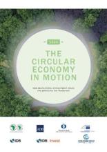 Text "The circular economy in motion" surrounded by a forest