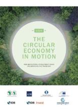 Text "The circular economy in motion" surrounded by a forest