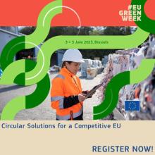 "#EU Green Week. 3>5 June 2025, Brussels. Circular Solutions for a Competitive EU. Register now!" with interlocking green lines and the photo of a person wearing an orange safety vest and a safety helmet, standing at a recycling facility.