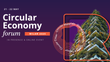 Purple event banner with the words "21-22 May. Circular Economy forum. MILAN 2025. In presence & online event. Circular Materials. Digital & e-waste. Textile. Fashion. Circular Cities"