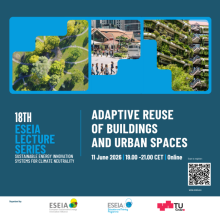 18th ESEIA Lecture Series: Sustainable Energy Innovation Systems for Climate Neutrality. Adaptive reuse of buildings and urban spaces. 11 June, 19:00-21:00 CET, Online. QR code.