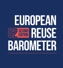Dark blue background with the following text in capital letters in white: European reuse barometer. In red, 02 second edition