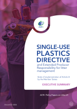 Front page of the report. The background is a picture of an overflowing bin with a purple overlay. The logo of ACR+ and the title of the report are present.