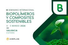 Event banner with a green logo of the letter B, a small plant surrounded by green pellets, the title, date and location of the event, and the AIMPLAS logo.