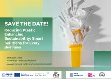 Yellow, green and grey event banner and with a picture of plastic utensils.