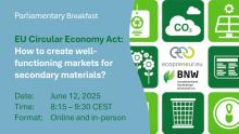 Parliamentary breakfast – EU Circular Economy Act: How to create well-functioning markets for secondary materials. Date: June 12, 2025, time: 8:15-9:30 CEST, Format: Online and in-person. Graphics of a cloud with CO2, a bin and flowers, with the logos of ecopreneur.eu and BNW