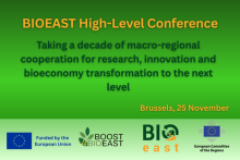 BIOEAST High-Level Conference: Taking a decade of macro-regional cooperation for research, innovation and bioeconomy transformation to the next level. Brussels, 25 November. Logos of BIOEAST, BOOST4BIOEAST and the Committee of the Regions, with the EU flag and the words 'funded by the European Union'