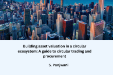 Photo of city buildings and the words "Building asset valuation in a circular ecosystem: A guide to circular trading and procurement S. Panjwani"