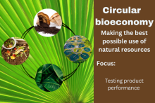 "Circular bioeconomy – making the best possible use of natural resources. Focus: Testing product performance". Images of coffee grounds, food waste, banana leaves and sewage ponds.