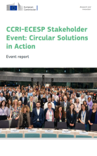 Large group of people at a conference smiling at the camera and the logo of DG RTD. Text: CCRI-ECESP Stakeholder Event: Circular Solutions in Action - Event report