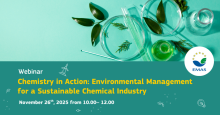 The top half of the visual is a picture of chemistry equipment (petri dishes, test tubes...) with leaves. The bottom half reads: Webinar Chemistry in Action: Environmental Management for a Sustainable Chemical Industry November 26th 2025 from 10:00-12:00.
