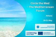 Circle the Med – The Mediterranean Forum. Athens, 19-21 May. Logos of Innovative Sustainable Economy and Interreg Euro-MED, co-funded by the European Union