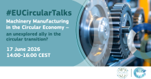 Circular talks visual withe metal shafts. The image indicate the title, time and date of the event.