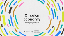 Colourful painted lines forming circles around the text: Circular Economy 2025 Key Insights Report and the logos of the Rediscovery Centre and Government of Ireland