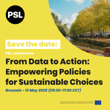 Save the date event banner with the date, time, place and with the words "From Data to Action: Empowering Policies for Sustainable Choices"