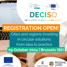 Image of a person registering online for an event with the text "Registration open! Cities and regions investing in circular solutions: from idea to practice. 09 October 2024. Brussels (BE)" and the logos of the Circular Cities and Regions Initiative, the European Commission, DECISIO (Developers of Circular Solutions), Regione Umbria, and Regione Lazio.