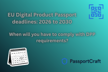 EU Digital Product Passport deadlines: 2026 to 2030. When will you have to comply with DPP requirements?? With the PassportCraft logo and graphics of a calendar and a QR code