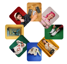 A ring of 8 pictures showing people, clothing, a varius electronic items