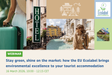 Stay green, shine on the market: How the EU Ecolabel brings environmental excellence to your tourist accommodation, 16 march 2026, 10:00-12:15 CET, webinar. EU Ecolabel logo and photos of a woman looking over her shoulder at an ornate fountain, a woman holding a suitcase and a the word 'Hotel'.
