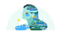 Image of a lady comprised of images related to the key themes of the report (e.g. wind turbines, a bee on a flower, a train going over a viaduct, whales and fish, buildings, nature, and more) 