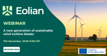 Event banner with a picture of wind turbines, the logo of the organiser, the title, date and time of the webinar. In the bottom right corner is the co-funded by the European Union logo.