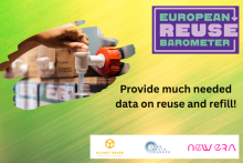Provide much needed data on reuse and refill! European Reuse Barometer, with the logos of Planet Reuse, Zero Waste Europe and New Era. 