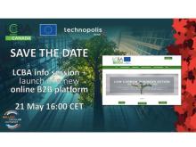 Photo of a tree surrounded by high-rise buildings, the logos of the co-organisers and the text: save the date LCBA info session + launch of a new online B2B platform 21 May 16:00 CET