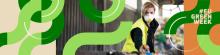 "#EU Green Week" with interlocking green lines and the photo of a person wearing a yellow safety vest and a mask, with various types of rubbish piled up behind.
