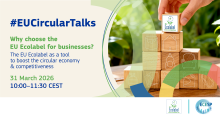 Event banner with the title of the webinar, logos of the organisers, image of building blocks where the top one has the ecolabel logo