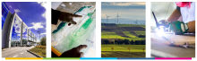 four images next to each other, the first of an office building, the second of someone pointing on a map, the third of rolling green fields with wind turbines, and the fourth of a welder