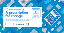 A blue event banner with healthcare products and with the words ""A prescription for change. Rethinking plastics use in healthcare to reduce waste, greenhouse gas emissions and costs"