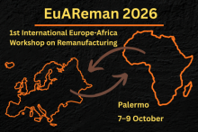 EuAReman 2026, 1st International Europe-Africa Workshop on Remanufacturing. Palermo, 7–9 October. Outline of Europe and Africa with arrows leading between them