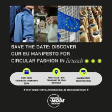 Images of people wearing denim, someone sewing, an EU flag, and sewing bobbins on a black background with the text for a save the date for the event