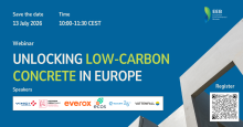 Save the date 13 July 2026. Time 10:00-11:30 CEST. Webinar Unlocking low-carbon concrete in Europe. EEB - European Environmental Bureau. QR code for registration 