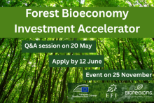 Forest Bioeconomy Investment Accelerator. Q&A session on 20 May. Apply by 12 June. Event on 25 November. Logos of the European Investment Bank Group, EFI and Bioregions