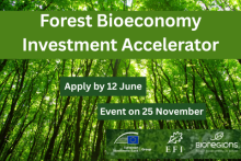 Forest Bioeconomy Investment Accelerator. Apply by 12 June. Event on 25 November. Logos of the European Investment Bank Group, EFI and Bioregions