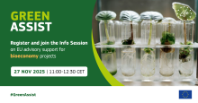 Event banner. On the left is the text: Green Assist Register and join the Info session on EU advisory support for bioeconomy projects 27 November 2025 11:00-12:30 CET. On the right is a picture of 5 test tubes with plants. 