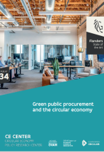Flanders – state of the art. Pub. 34: Green public procurement and the circular economy. CE Center, Circular Economy Policy Research Center. Logos of OVAM, Department of Economy, Science and Innovation and Vlaanderen Circulair. Photo of an office with two men sitting at computers.