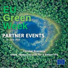 Body of water surrounded by trees with the text: EU Green Week Partner Events 1-30 June 2025 Circular Economy reuse, repair, recycle for a better life