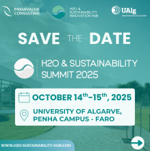Visual with the logos of the three organisers (Premivalor Consulting, H2O & Sustainability Innovation Hub, University of Algarve) at the top. Text: "Save the date - H2O and Sustainability Summit 2025 October 14th-15th 2025 University of Algarve, Penha Campus, Faro – https://www.h2o-sustainability-hub.com/.