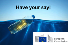 'Have your say', with a photo of a bottle floating in water and the European Commission logo