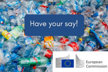  Lots of crushed plastic bottles, with the European Commission logo and the words 'Have your say!'