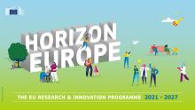 3D text of 'horizon Europe' with cartoons of people dotted around and the text 'The EU research and innovation programme 2021-2027'