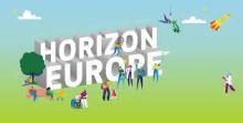 Horizon Europe logo: white lettering on a green and blue background