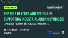 Black background with the text: Workshop | The role of cities and regions in supporting industrial-urban symbiosis: learning from on the-ground experiences, 15 May 2025, 10:00 – 13:30 CET ONLINE