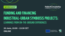 Black background, green letters with the words "Funding and financing industrial-urban symbiosis projects: Learnings from on-the-ground experiences" and "26 June, 10:00 – 13:30 CET" 