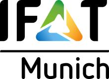 "IFAT Munich", with the A of IFAT actually a triangle made up of blue, green and yellow arrows leading around in a loop